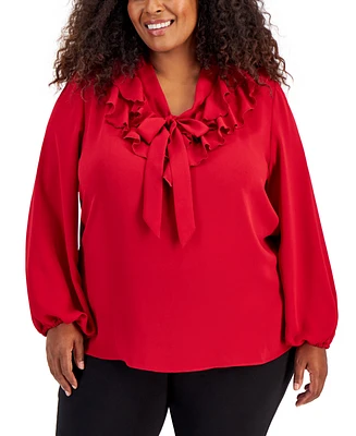 Kasper Plus Size Tie-Front Ruffle-Trim Blouse
