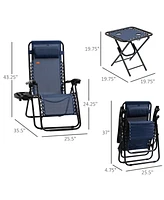 Outsunny 3-Piece Outdoor Chaise Lounger Chair Set, Folding Reclining Zero Gravity Chair with Side Table, Cup Holder and Headrest for Patio, Yard, Beac