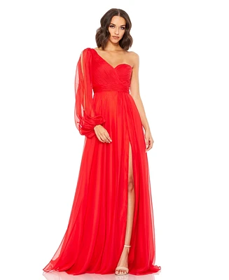 Mac Duggal Women's Chiffon One Shoulder Slit Sleeve Flowy Gown