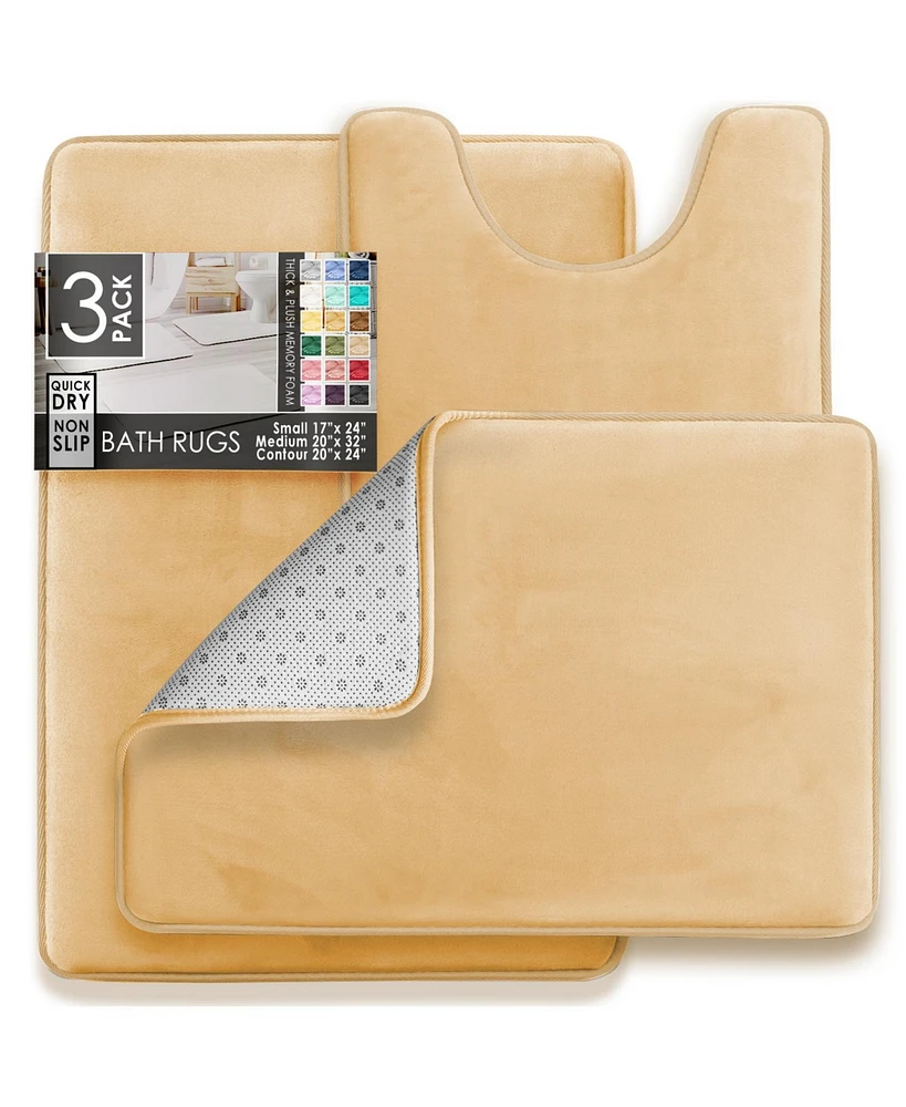 Clara Clark 3 Piece Ultra Soft Non-Slip Plush Memory Foam Bath Rug Set - Small, Large & Contour