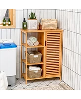 Bathroom Cabinet Bamboo Storage Floor Cabinet w/ Single Door & 3 Open Shelves