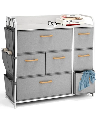 Heavy Duty Small 4 Drawer Fabric Dresser Organizer for Bedroom, Nursery, & Closet with Shoe Rack, Easy to Pull Wood Handles & Textured Wood Top