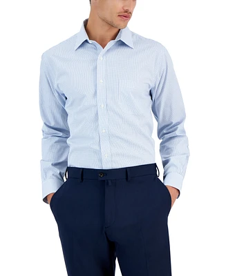 Men's Regular Fit Non-Iron Polo Button-Down Collar Blue Check Pinpoint Dress Shirt