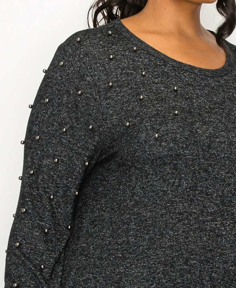Coin 1804 Plus Size Cozy Long Sleeve Pullover Top with Gunmetal Studs