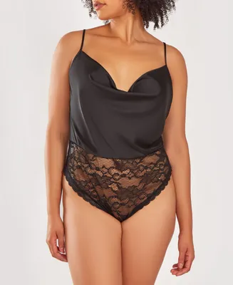 iCollection Women's 1 Piece Lace and Satin Cowl Neck Lingerie Bodysuit