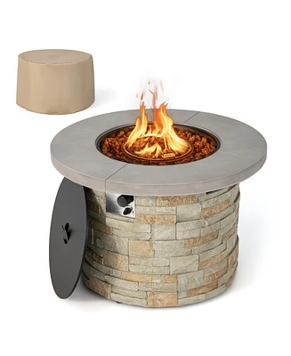 36'' Round Propane Gas Fire Pit Table Faux Stone w/ Lava Rock