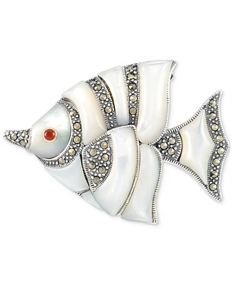 Mother of Pearl & Marcasite (1/2 ct. t.w.) Fish Pin in Sterling Silver