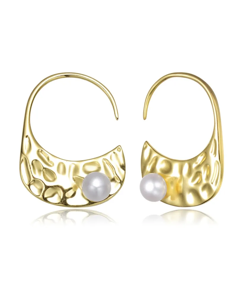 Sterling Silver 14K Gold Plated with Genuine Freshwater Round Pearl Hoop Earrings