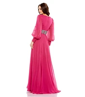 Mac Duggal Women's Bishop Sleeve Wrap Over Belt Detail Flowy Gown