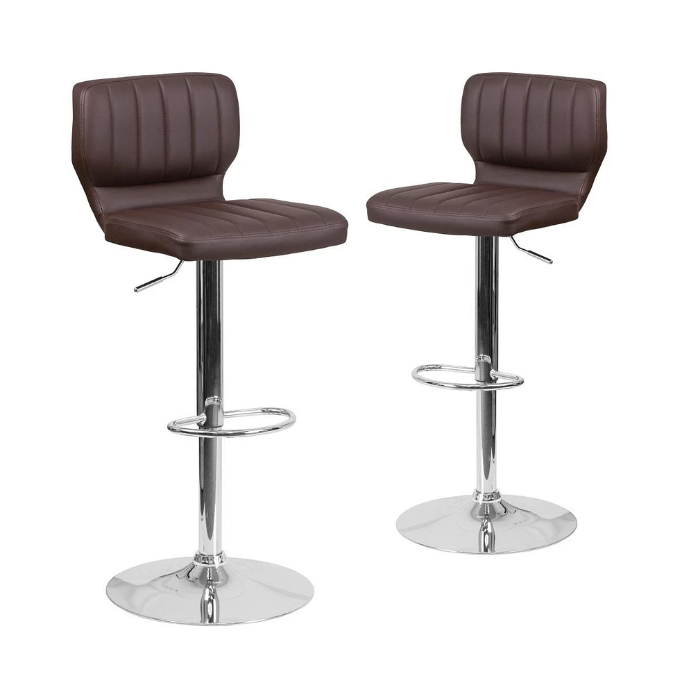 Set Of Two Swivel Bar Stools With Vertical Stitched Back And Adjustable Chrome Base Footrest