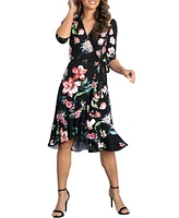 Kiyonna Women's Flirty Flounce Midi Wrap Dress with 3/4 Sleeves