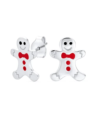 Bling Jewelry Small Fun Holiday Cartoon Christmas Winter Enamel Bow Tie Gingerbread man Stud Earrings Sterling Silver