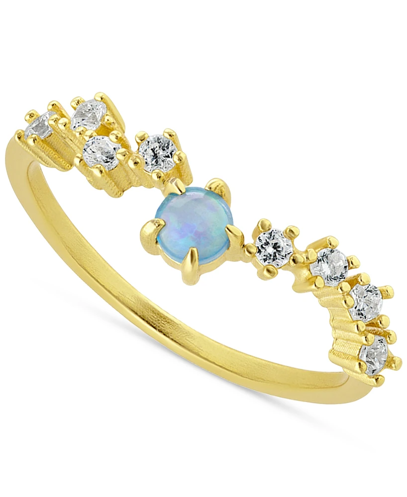 Simulated Opal (3mm) & Pave Wavy Accent Ring 18k Gold-Plated Sterling Silver