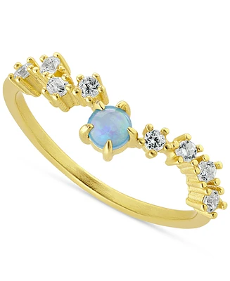 Simulated Opal (3mm) & Pave Wavy Accent Ring 18k Gold-Plated Sterling Silver