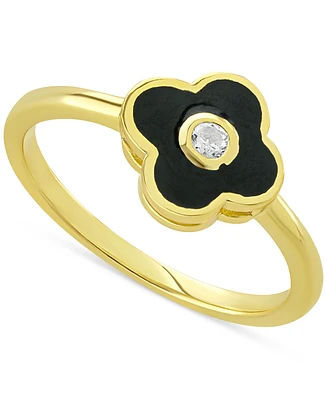 Cubic Zirconia & Black Clay Clover Ring 14k Gold-Plated Sterling Silver