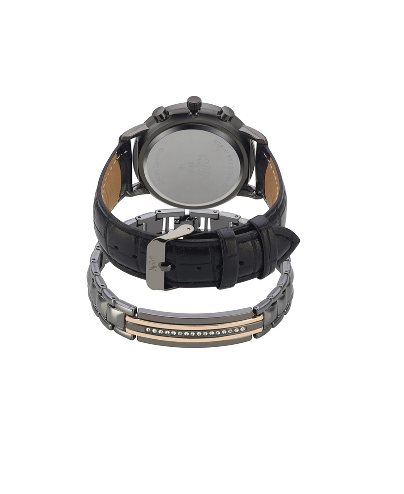 Jones New York Men's Analog Black Croc Leather Strap Watch 42mm Bracelet Gift Set