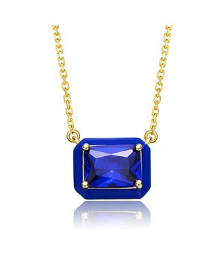 14k Gold Plated with Radiant Cut Blue Cubic Zirconia Solitaire Enamel Halo Petite Pendant Necklace