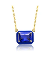 14k Gold Plated with Radiant Cut Blue Cubic Zirconia Solitaire Enamel Halo Petite Pendant Necklace