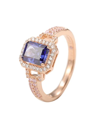 Suzy Levian Golden Sterling Silver Emerald-Cut Green and Brown Cubic Zirconia Halo Ring