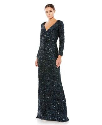 Mac Duggal Women's Ieena Sequined V-Neck Long Sleeve Gown