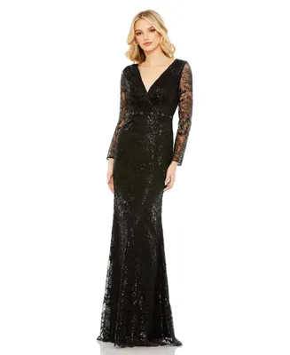 Mac Duggal Women's Embellished Wrap Over Long Sleeve Gown
