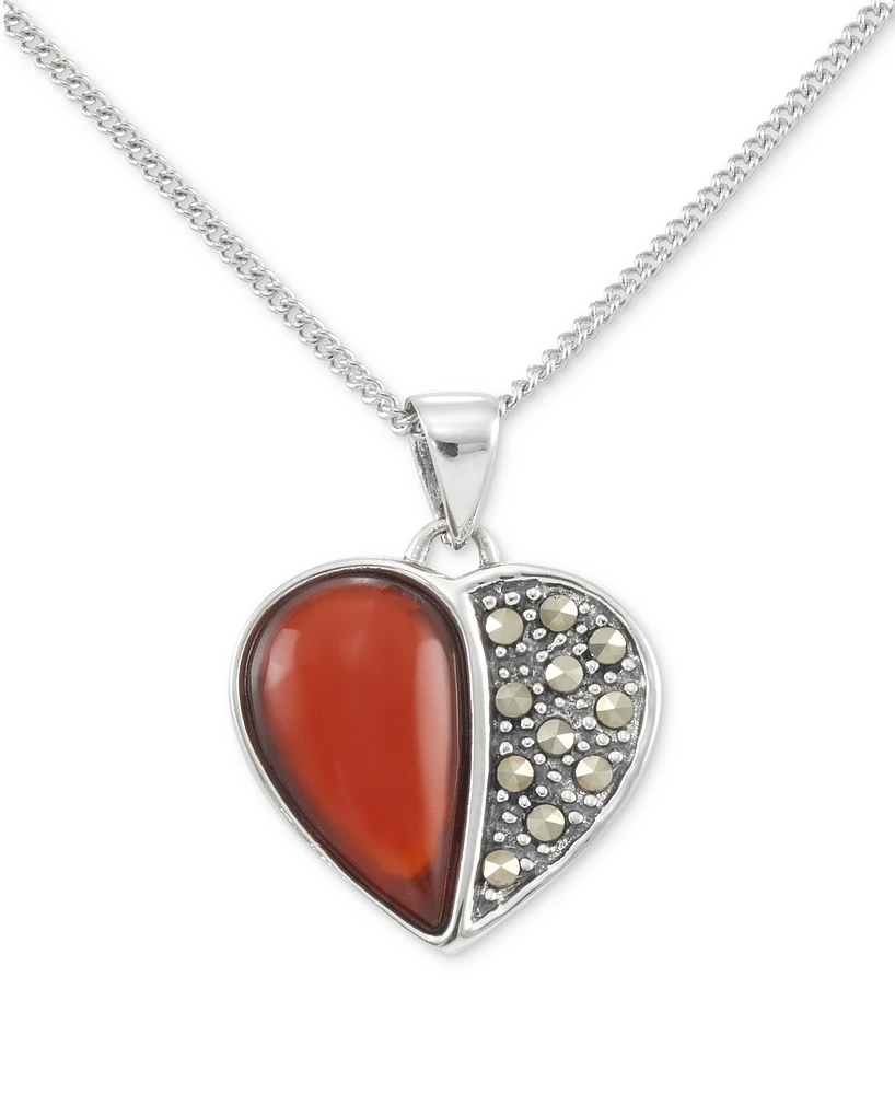 2-Pc. Set Marcasite (1/4 ct. t.w.) & Red Cubic Zirconia Heart Pendant Necklace & Matching Stud Earrings in Sterling Silver