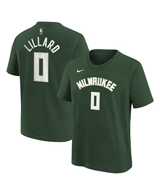 Big Boys Nike Damian Lillard Hunter Green Milwaukee Bucks Icon Name and Number T-shirt