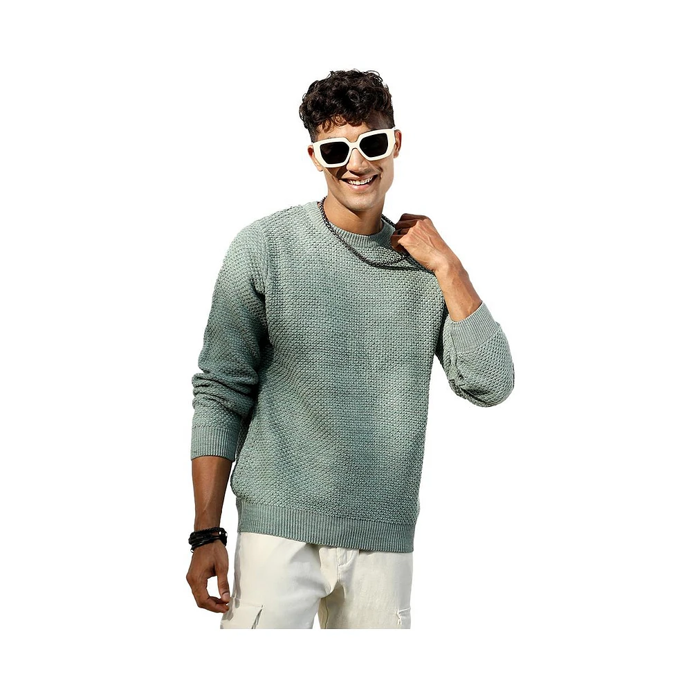 Campus Sutra Men's Sage Green Textured Knit Pullover Sweater