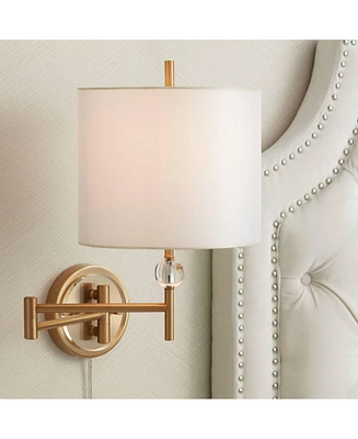 Kohle Modern Swing Arm Wall Lamp Polished Brass Plug-In Light Fixture White Cotton Sheer Double Drum Shade for Bedroom Bedside House Reading Living Ro