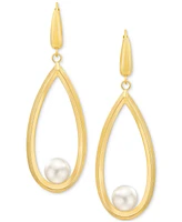 Cultured Freshwater Pearl (7-8mm) Open Teardrop Drop Leverback Earrings in 14k Gold