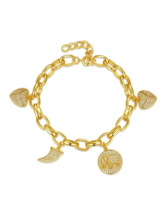 Gigi Girl Kids/Young Teens 14k Yellow Gold Plated with Cubic Zirconia Tusk, Elephant & Heart Dangle Charm Adjustable Bracelet