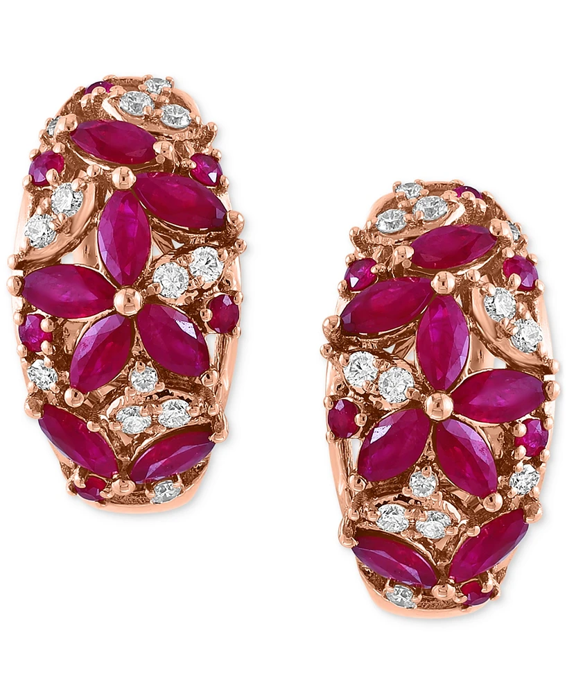 Effy Ruby (1-5/8 ct. t.w.) & Diamond (1/4 ct. t.w.) Flower Cluster Small Huggie Hoop Earrings in 14k Rose Gold, 0.625"