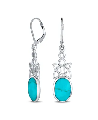 Bling Jewelry Celtic Love Knot Work Bezel Set Oval Blue Natural Turquoise Lever Back Dangle Earrings Western Style Sterling Silver