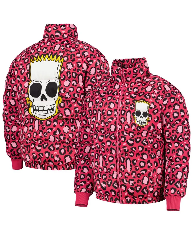 Men's Freeze Max Pink The Simpsons Bart Leopard Print Raglan Full-Zip Puffer Jacket