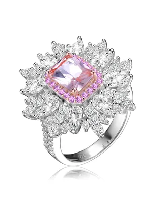 Sterling Silver White Gold Plated Radiant Pink with Clear Cubic Zirconia Halo Ring