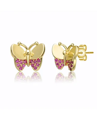 Children's 14k Gold Plated with Red Cubic Zirconia Pave Butterfly Stud Earrings