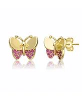 Children's 14k Gold Plated with Red Cubic Zirconia Pave Butterfly Stud Earrings