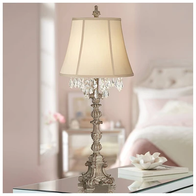 Duval French Country Cottage Table Lamp 34" Tall Crystal Distressed Antique White Candlestick Beige Bell Shade Decor for Living Room House Bedside Nig