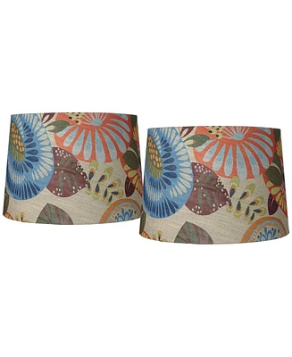 Set of 2 Tapered Drum Lamp Shades Multi Color Tropic Abstract Floral Large 14" Top x 16" Bottom x 11" Slant Spider with Replacement Har