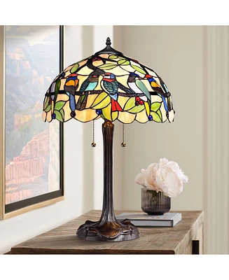 Traditional Tiffany Style Table Lamp 24.75" High Bronze Tropical Birds Clear Multicolored Antique Stained Glass Shade Decor for Living Room Bedroom Ho