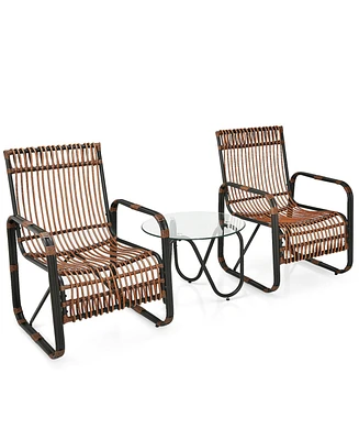Inolait 3 Pieces Patio Rattan Furniture Set with 2 Single Wicker Chairs and Glass Side Table