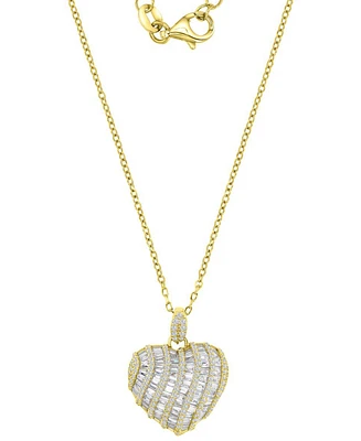 Cubic Zirconia Round & Baguette Heart Pendant Necklace in 14k Gold-Plated Sterling Silver, 16" + 2" extender