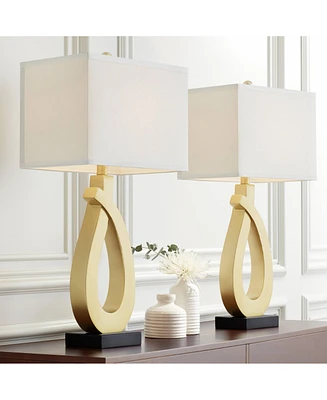 Simone Modern Table Lamps 28" Tall Set of 2 with Usb Charging Port Sculptural Gold Metal White Rectangular Shade Decor Living Room Bedroom House