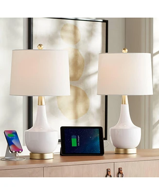 Nesbit 25" High Mid Century Modern Table Lamps Set of 2 Usb Port White Gold Ceramic Metal Fabric Shade Living Room Charging Bedroom Bedside Night
