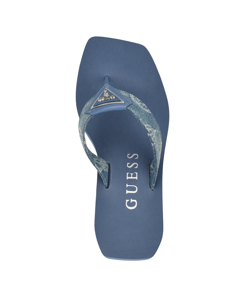 Guess Women's Demmey Logo Thong Square Toe Wedge Sandals - Dark Blue Denim