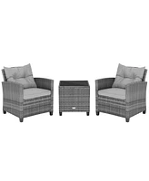 3 Pieces Outdoor Wicker Conversation Set with Tempered Glass Tabletop-Gray