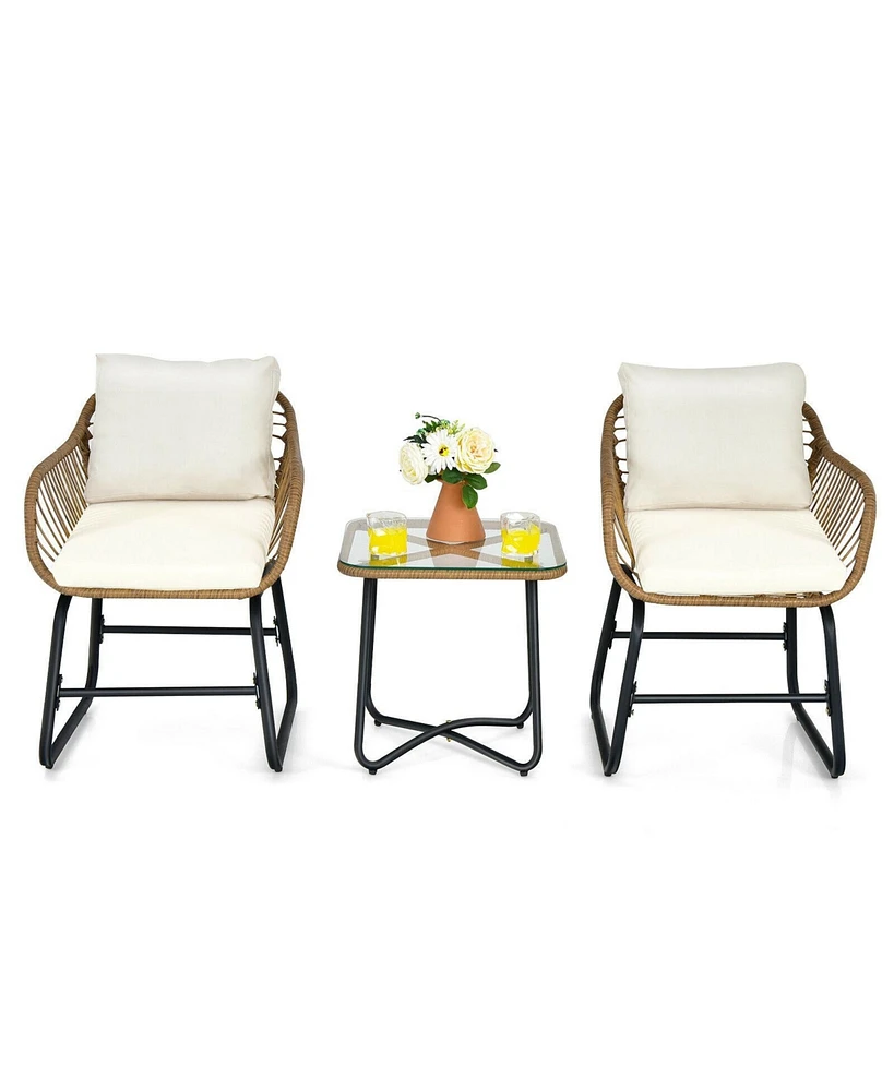 Sugift 3-Piece Patio Bistro Set with 2 Rattan Chairs and Square Glass Coffee Table