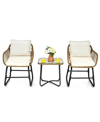 Sugift 3-Piece Patio Bistro Set with 2 Rattan Chairs and Square Glass Coffee Table