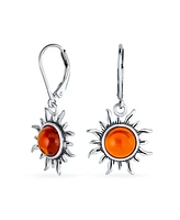 Bling Jewelry Tropical Vacation Beach Sun Rise Natural Amber Round Sunburst Dangle Drop Earrings Lever back Oxidized Sterling Silver