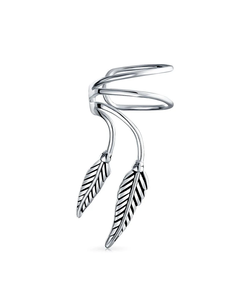 Bling Jewelry Double Leaf Feather Cartilage Ear Cuffs Clip Wrap Wire Earrings Helix Non Pierced Ear Oxidized Sterling Silver